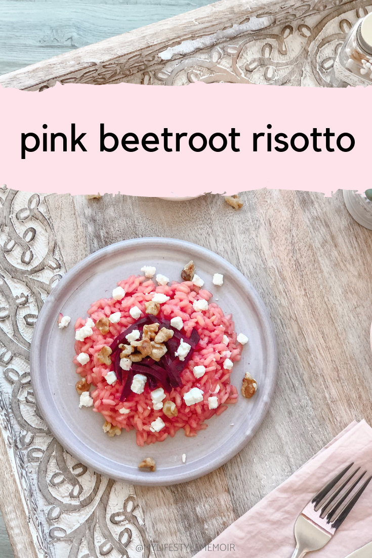 Pink Beetroot Risotto topped with goat cheese and walnuts is an easy and delicious recipe to make! #risotto #pinkrisotto #beetrootrisotto #glutenfree #italian #beetroots #easyrisotto #beetsrecipe