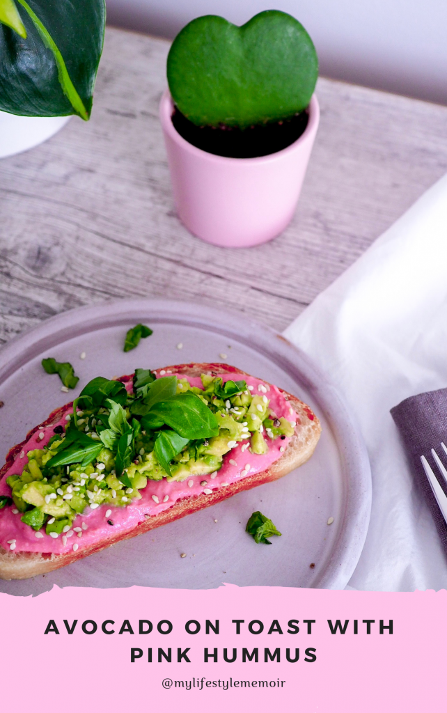 This avocado on toast with pink hummus is a trendy brunch dish that's super easy to make at home! It is super nutritious and the almost to pretty to eat! #roastedbeethummus #beethummus #pinkhummus #breakfast #avocado #sourdough #toast #avoontoast #avocadoontoast #brunch#breakfast #healthy #avo #vegan#veganbreakfast #yummy #healthfood#gogreen #govegan #plantbased #delish 